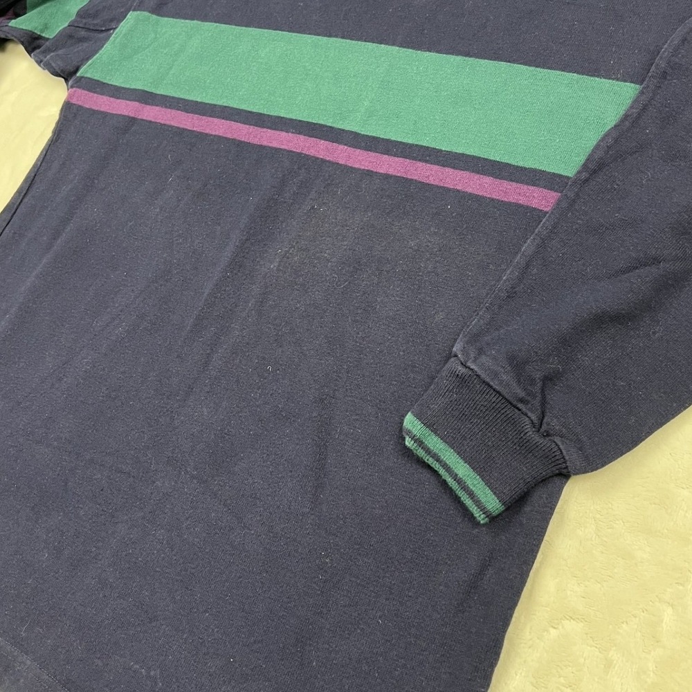L.L. Bean Mock Neck Shirt Mens L Navy Blue Striped Long Sleeve Vintage USA - Picture 2 of 8